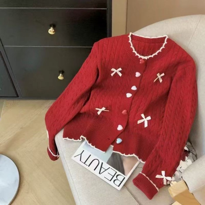Áo khoác cardigan ngắn dệt kim thêu họa tiết xoắn ngọt ngào phong cách Hàn Quốc