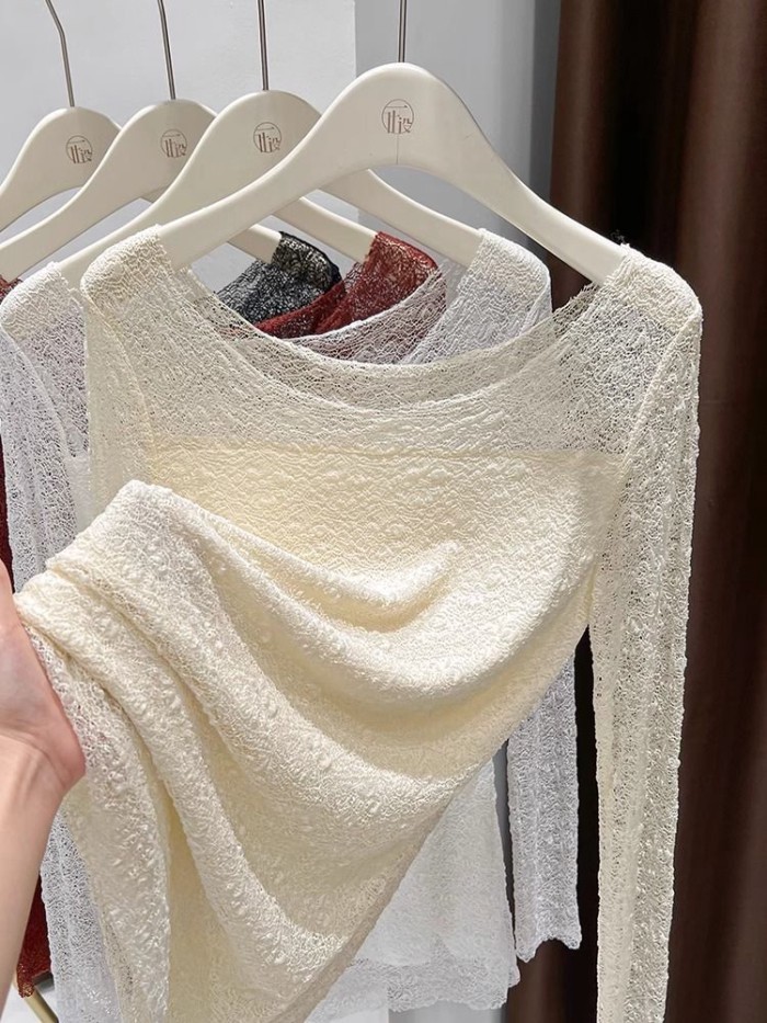 Áo sơ mi ren đáy cho nữ mùa thu đông, áo nhung xếp lớp, áo lưới cổ thấp mới