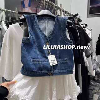 Phong Cách Hàn Quốc Mùa Hè Retro Giặt Denim Áo Vest Nữ Cổ Chữ V Không Tay Áo Vest Cardigan Ng