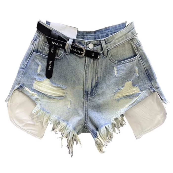 túi dạo phố mặc quần short denim màu xanh nhạt mùa hè thời trang mới quần nóng