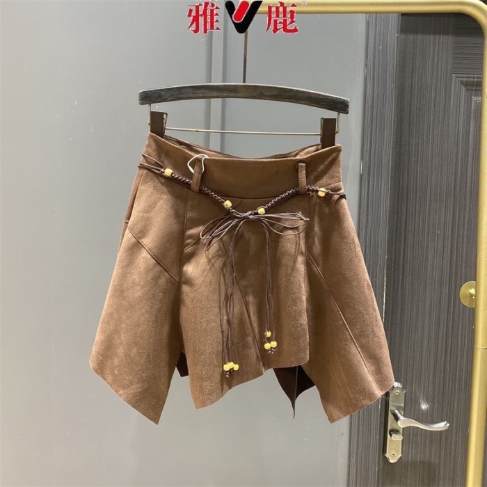 Váy cạp cao giả da nai màu nâu cổ điển kiểu Mỹ mới dành cho nữ với váy chữ A không đều