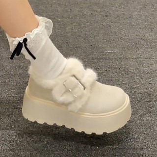 Trắng Lông Cừu Lót Dày Ấm Áp Dày Đế Dày Giày Cotton Nữ Mùa Đông Mặc Ngoài 2025 Phong Cách Mới Phù Hợp Với Nâng Cao Giày Birkenstock