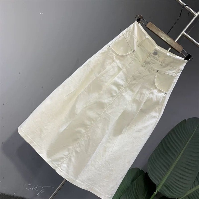 Mùa hè mới màu trắng nhạt thời trang và đa năng Váy chữ A dài vừa vặn Váy xếp ly lưng cao dàn