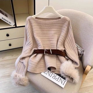 Kiểu Pháp cổ lười kiểu dáng chéo, tay áo lông trễ vai và tay áo cá heo, áo len dệt kim đa năn