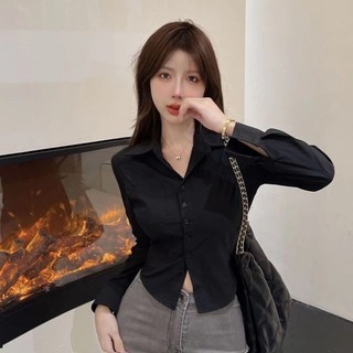 trắng mùa xuân phong cách mới niche jk áo sơ mi ngắn vừa vặn eo dài tay áo sang trọng thiết kế h