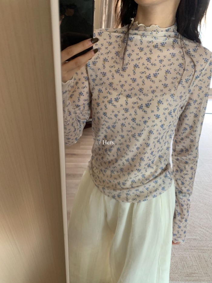 Áo thun dài tay in hoa phong cách Hàn Quốc dành cho nữ mùa thu, áo crop top kiểu dáng đơn giản phối