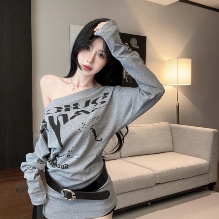 Áo thun dài tay lệch vai màu xám dành cho nữ mùa thu hot girl áo trễ vai một bên trông cực xinh và