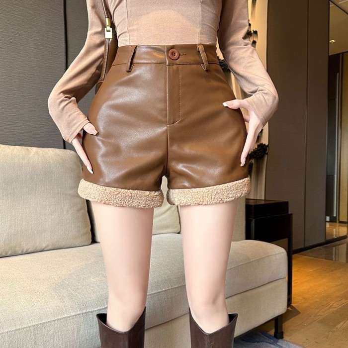 Quần dài chữ A giả len giả da PU thời trang mùa đông Quần short ống rộng Hàn Quốc