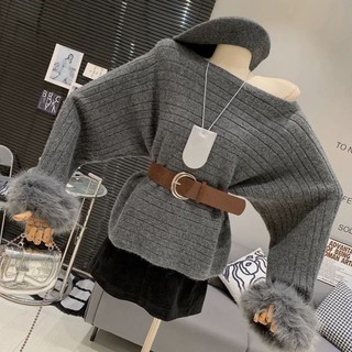 Kiểu Pháp cổ lười kiểu dáng chéo, tay áo lông trễ vai và tay áo cá heo, áo len dệt kim đa năn