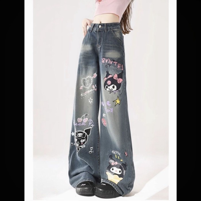 Quần jeans in họa tiết hoạt hình cho nữ, lưng cao, thon gọn, ôm sát, quần ống rộng, ống suông, quần