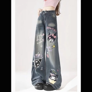 Quần jeans in họa tiết hoạt hình cho nữ, lưng cao, thon gọn, ôm sát, quần ống rộng, ống suông, quần