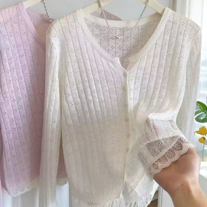Áo cardigan ren cổ tròn phong cách Hàn Quốc với áo len mỏng màu trơn hợp thời trang