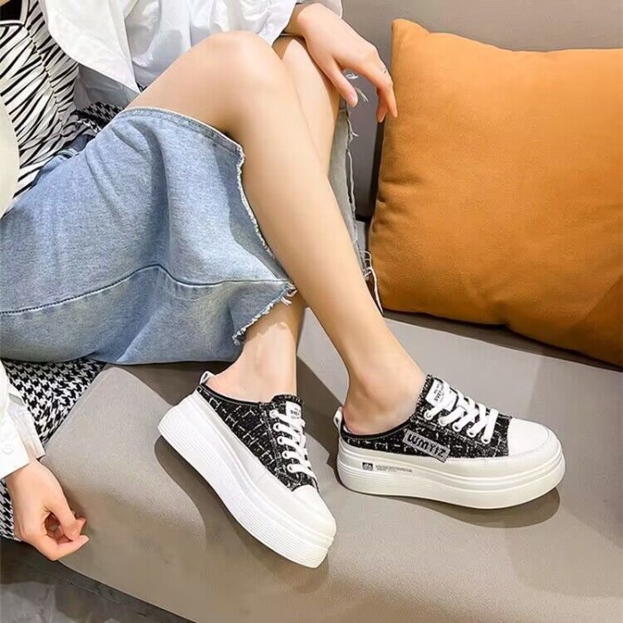 Dép nữ nửa chân, Bao Đầu, dép lười, giày trắng tăng chiều cao đế dày bên trong