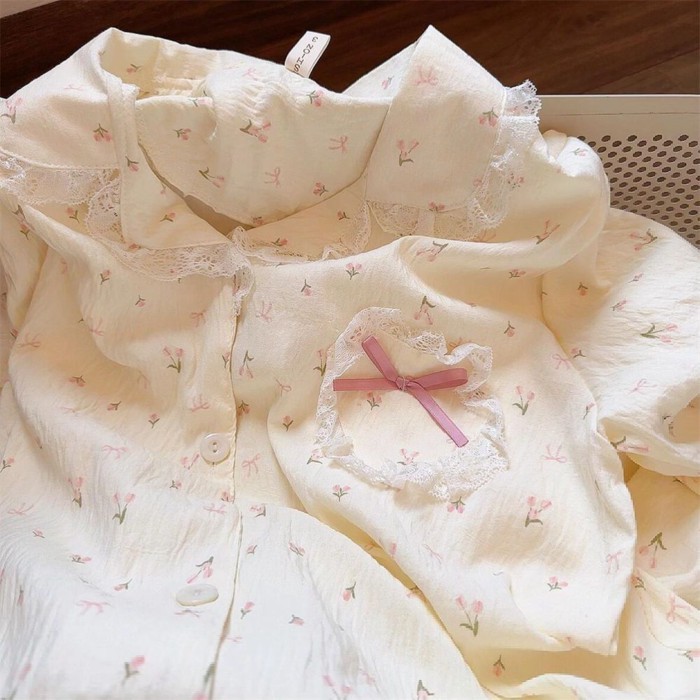 Bộ đồ ngủ cotton nguyên chất cho bé gái, đám mây hoa nhỏ thanh lịch, cotton mỏng, ren dễ thươ