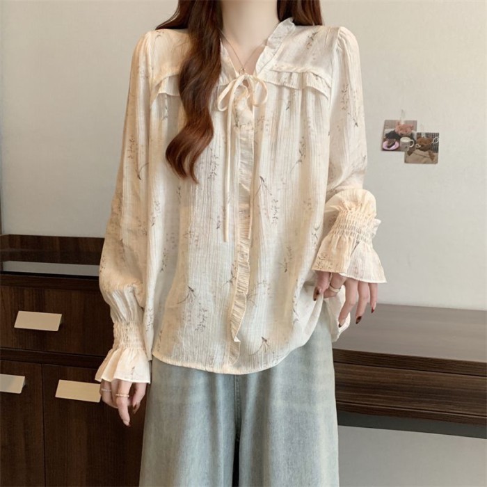 Áo sơ mi hoa kiểu Pháp, dáng suông thanh lịch, áo dài tay dáng rộng hoa