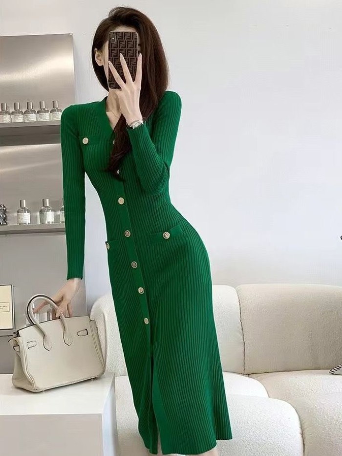phong cách nữ thần mùa thu mới váy len ôm vừa vặn kiểu Pháp váy dệt kim dài vừa phải che hông