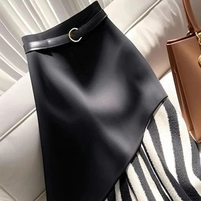 Váy đen size lớn chân váy in ngựa vằn, chân váy nhung mới lưng cao dáng quả lê
