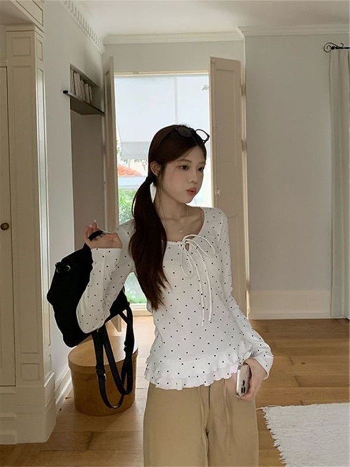 Áo thun dài tay chấm bi kiểu Pháp dành cho nữ, thắt nơ, áo nhung Đức slim fit