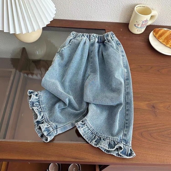 Quần Jean Bé Gái Mới Xuân Thu Ống Thẳng Quần Ống Rộng Đa Năng Bé Gái Quần Denim Phong Cách Hà