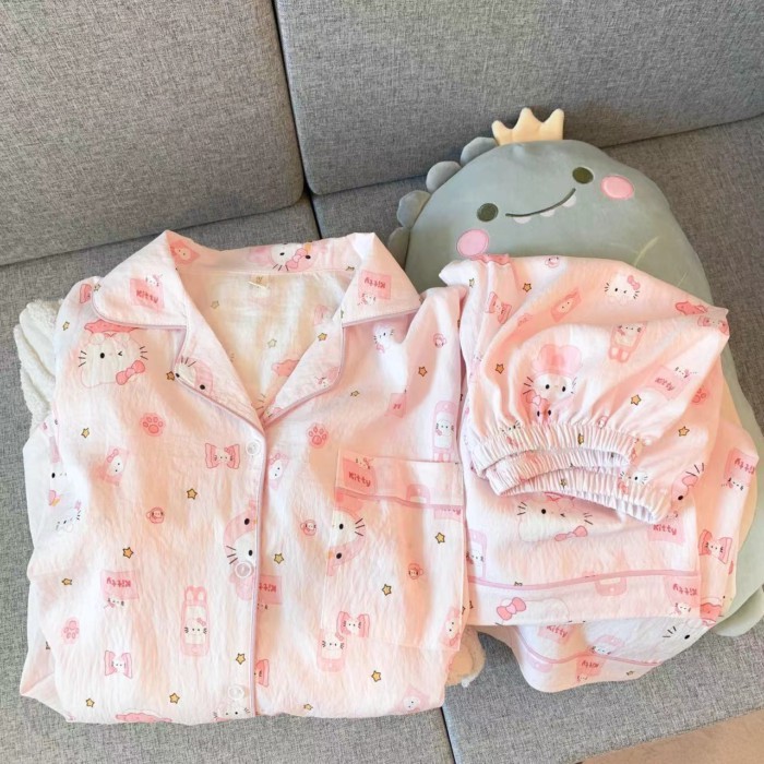 Bộ đồ ngủ mèo KT dành cho trẻ em quần dài tay cotton hình đám mây cho trẻ em vừa và lớn hoạt