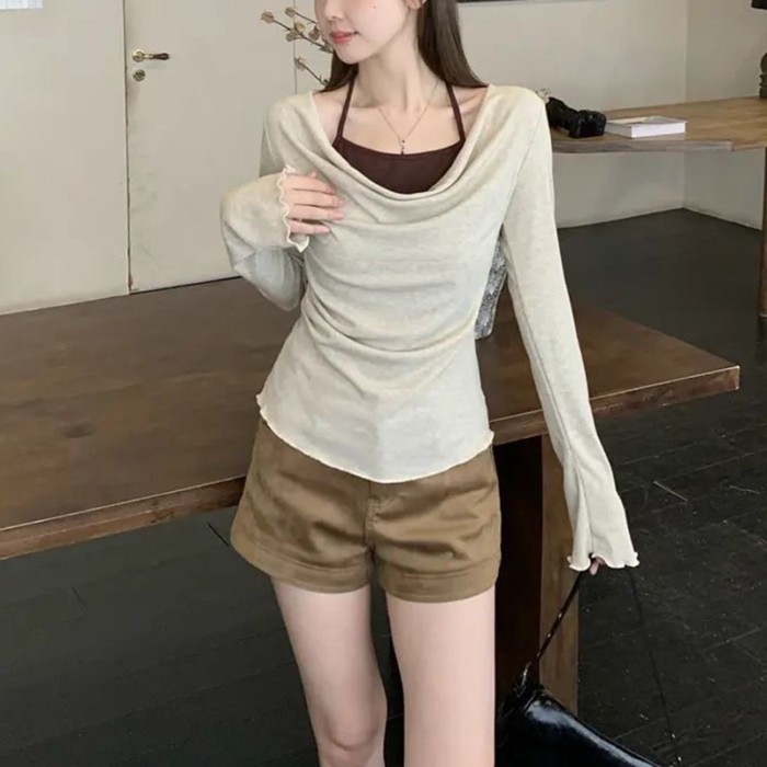 Thiết kế cổ xoay giả hai dây Áo thun dài tay phong cách Hàn Quốc dành cho nữ mùa thu kiểu dáng s