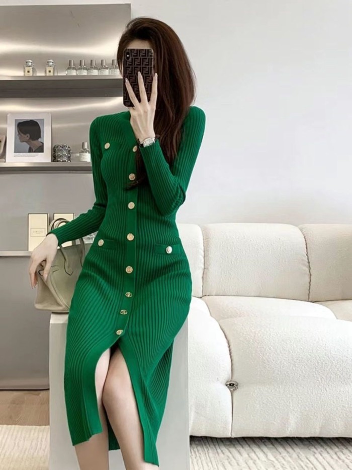 phong cách nữ thần mùa thu mới váy len ôm vừa vặn kiểu Pháp váy dệt kim dài vừa phải che hông