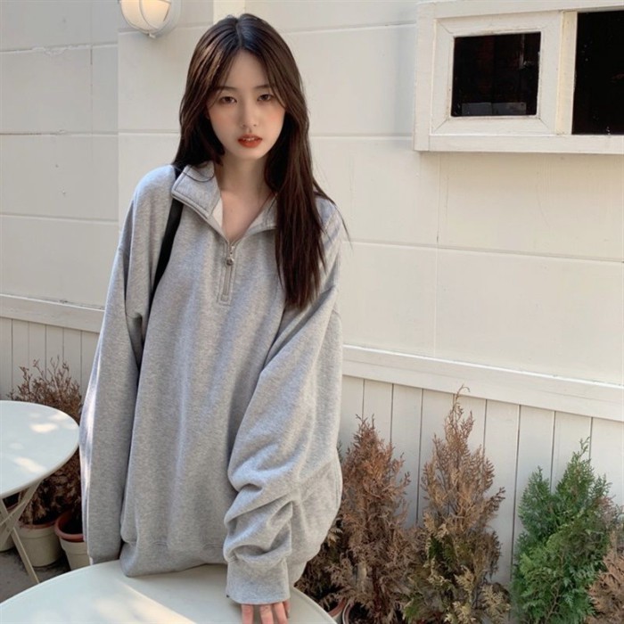 Áo thun cổ polo có khóa kéo nửa kín phong cách Hàn Quốc áo thun thường ngày màu xám đơn giản