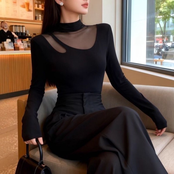 Áo lưới đen hơi xuyên thấu nửa cao cổ áo thun dài tay mùa thu ôm vừa vặn bên trong áo sơ mi x