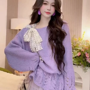 Áo len chui đầu thắt nơ rỗng dành cho nữ mùa xuân thu áo len dệt kim dáng rộng ngọt ngào