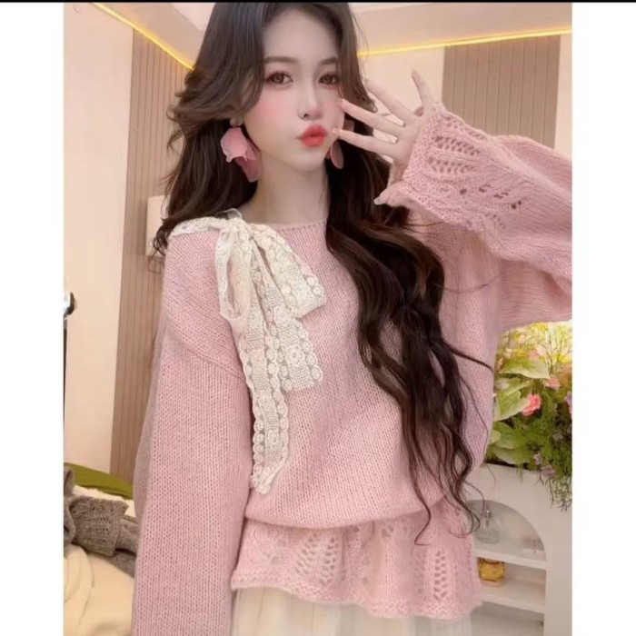 Áo len chui đầu thắt nơ rỗng dành cho nữ mùa xuân thu áo len dệt kim dáng rộng ngọt ngào