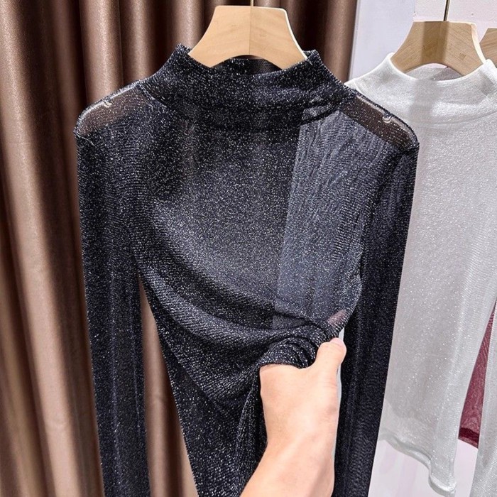 Áo sơ mi lưới nửa cổ cao màu trắng bạc dành cho nữ mùa thu váy treo rỗng có ren niche top
