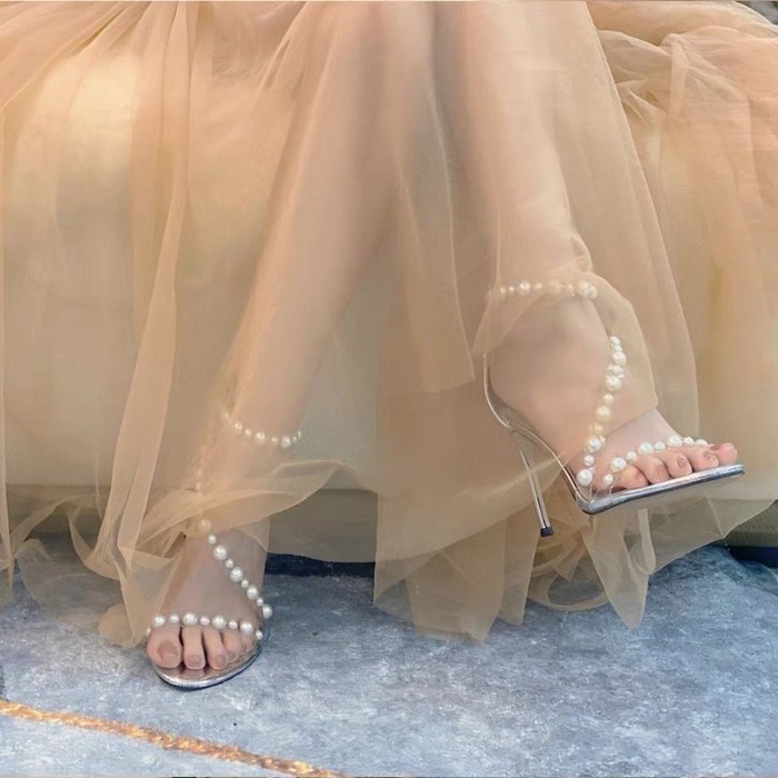 Giày sandal cao gót nữ dây kéo sau lưng, gót quai ngọc trai trong suốt