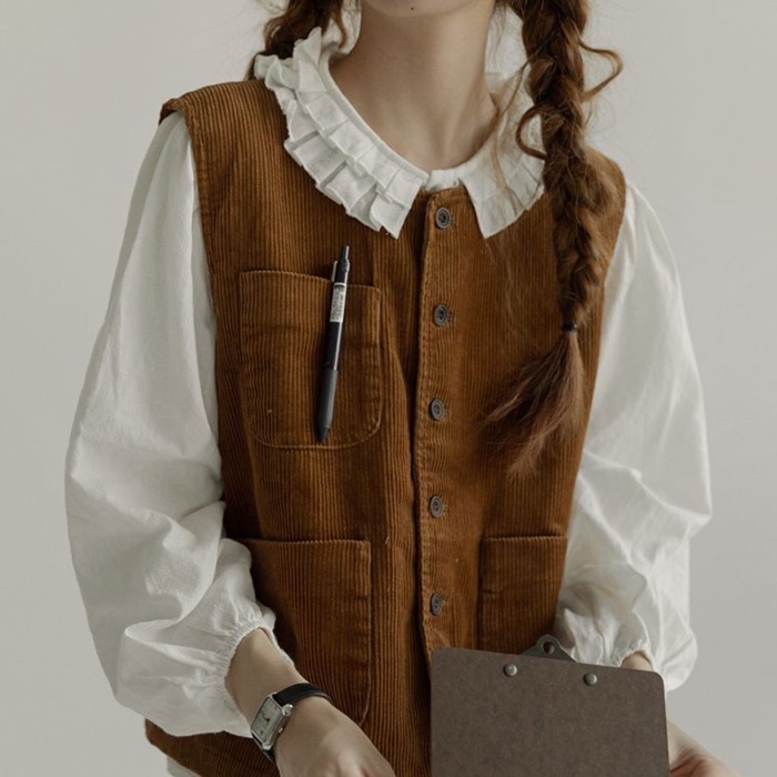 Áo vest nhung kiểu Pháp dành cho nữ xuân thu mới phong cách retro không tay áo vest học sinh áo