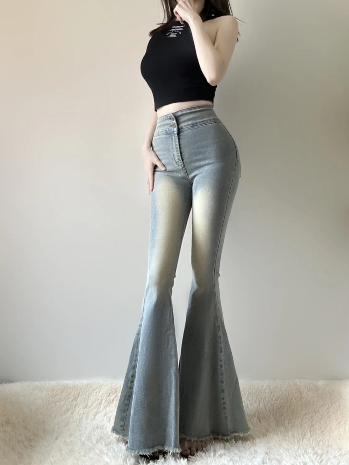 Quần jeans đuôi cá cho nữ, lưng cao, kiểu dáng mới, sừng to, giảm béo đầu thu, quần ống rộng