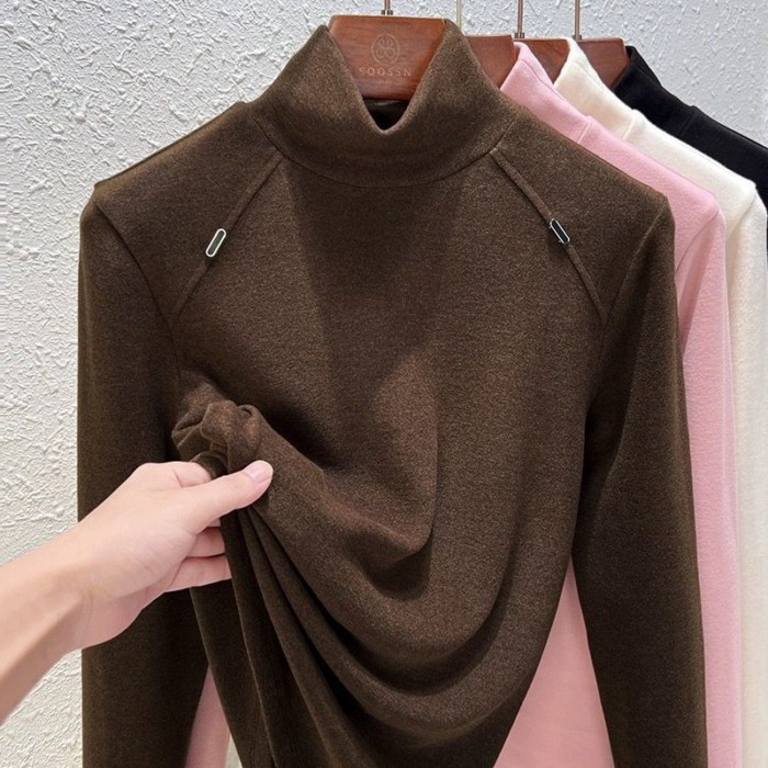 Áo sơ mi nhung Đức hai mặt cổ cao dành cho nữ mùa thu đông, cộng với áo dài tay slim fit bằng
