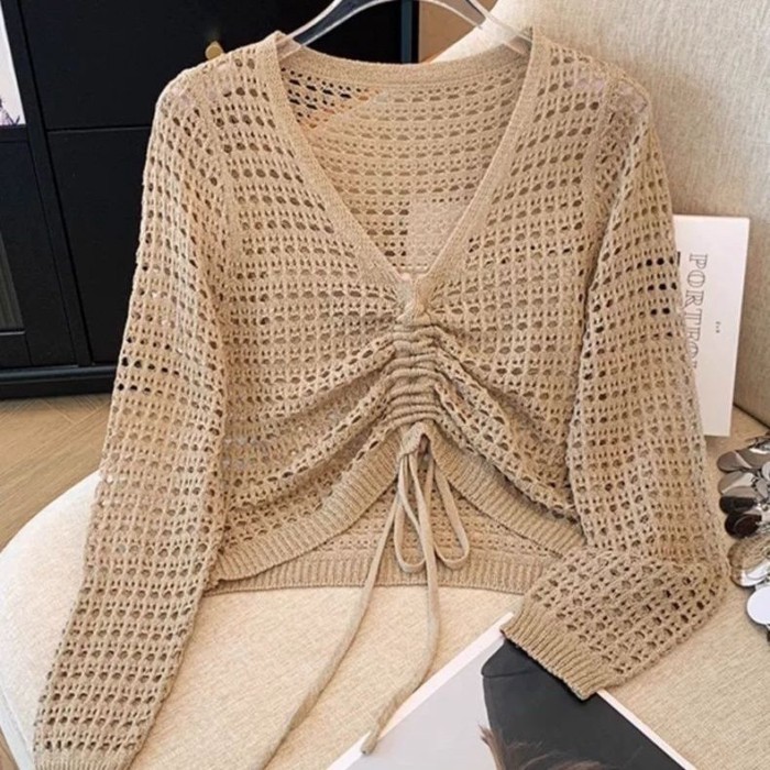 Áo len dệt kim rỗng kiểu mới dành cho nữ, cổ mỏng, áo khoác mỏng, khăn choàng điều hòa, chống