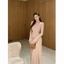 Đầm Kaki Hepburn Tay Kèn Nữ Váy Dệt Kim Giảm Béo Eo