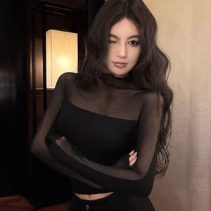 Lưới nối áo thun dài tay cổ cao gợi cảm dáng ôm hot girl khí chất trên đáy áo sơ mi hợp thời trang