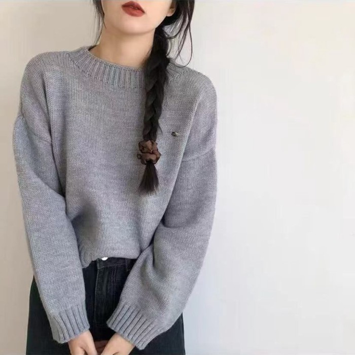 Short Sweater Knitted Autumn And Winter New Loose Outer Wear Lazy Style Knitted Sweater Round Ne