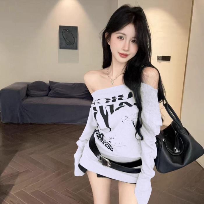Áo thun dài tay lệch vai màu xám dành cho nữ mùa thu hot girl áo trễ vai một bên trông cực xinh và