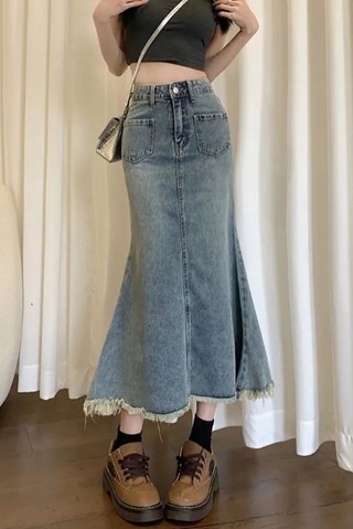Retro Chiều Dài Trung Bình Váy Đuôi Cá Váy Denim Nữ Nguyên Edge Cao Cấp Ôm Váy Chữ A Che Hông Vá