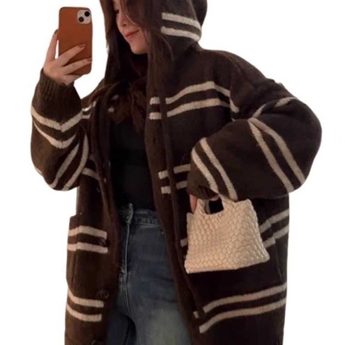 Áo len sọc cao cấp nữ mùa thu mới Fair Isle áo khoác cardigan dệt kim có mũ trùm đầu