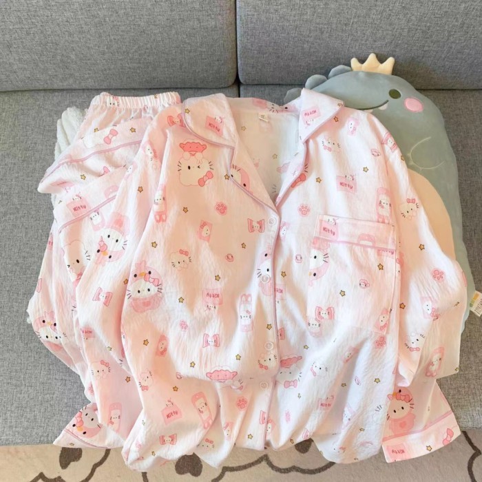 Bộ đồ ngủ mèo KT dành cho trẻ em quần dài tay cotton hình đám mây cho trẻ em vừa và lớn hoạt