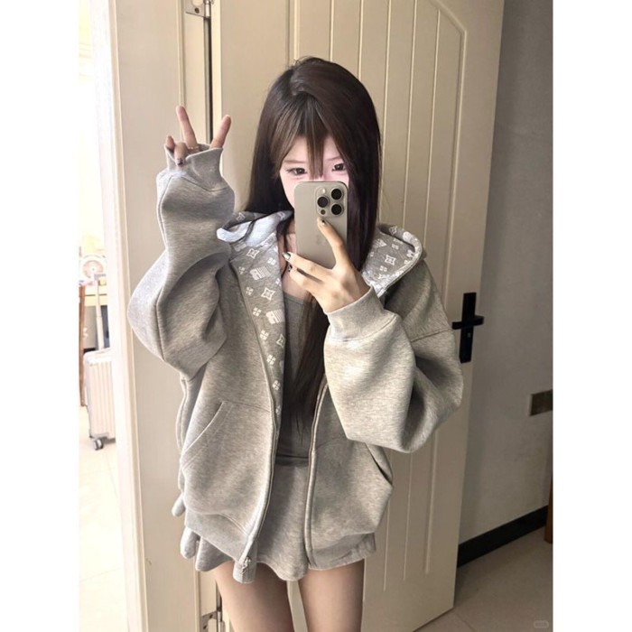 Áo khoác cardigan có mũ trùm đầu in hình ngoài trời cho nữ mùa thu hợp thời trang thương hiệu cặp đ