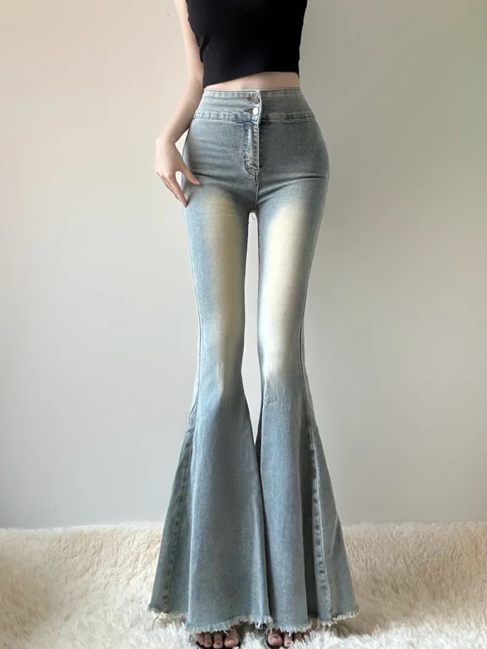 Quần jeans đuôi cá cho nữ, lưng cao, kiểu dáng mới, sừng to, giảm béo đầu thu, quần ống rộng