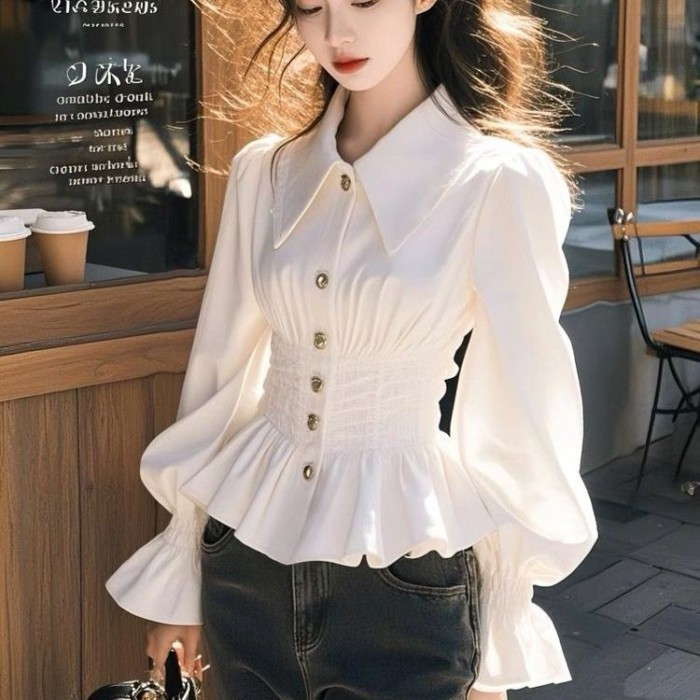 Phong cách nhẹ nhàng Áo sơ mi dài tay cao cấp màu trắng thời trang nữ xuân thu kiểu Pháp