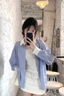 Áo Sơ Mi Sọc Dài Tay Thêu Nơ Cho Nữ Đầu Thu Phong Cách Hàn Quốc dáng Rộng Màu Tương Phản Dài Giữa Á