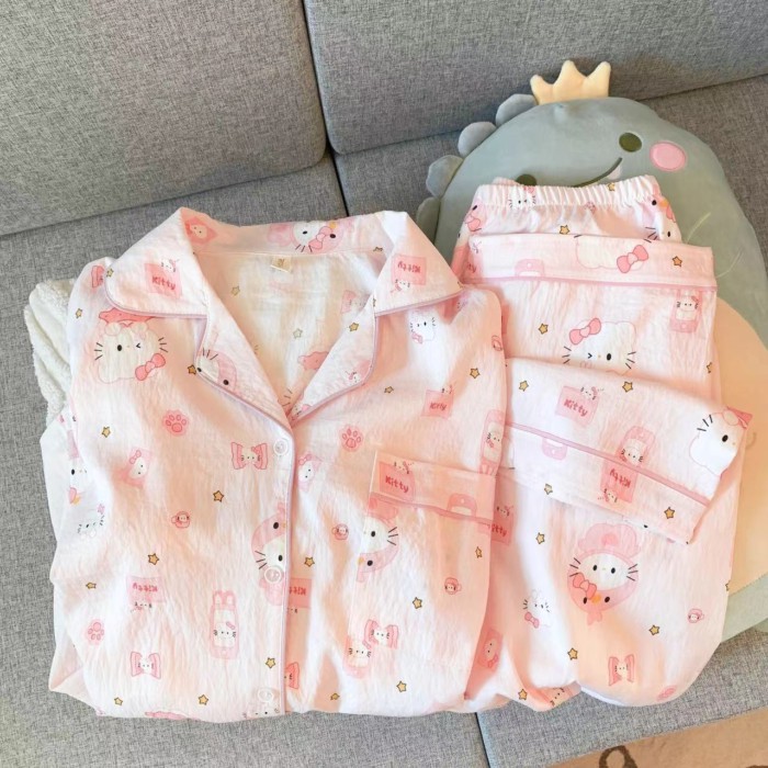 Bộ đồ ngủ mèo KT dành cho trẻ em quần dài tay cotton hình đám mây cho trẻ em vừa và lớn hoạt