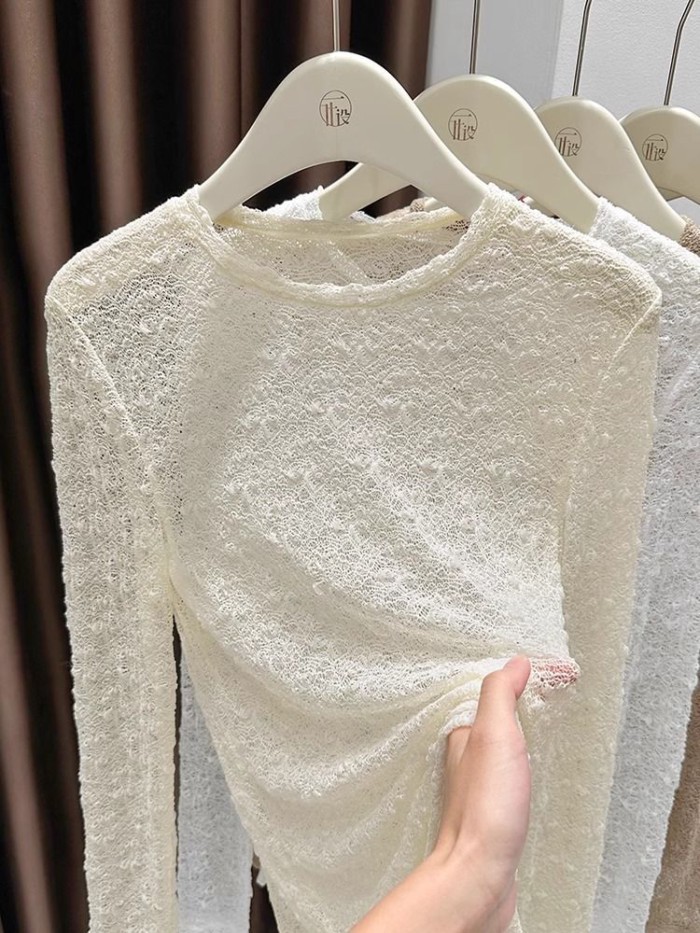 Áo sơ mi cổ tròn phối ren cho nữ mùa thu đông, áo thun dài tay bên trong slim fit cao cấp, áo