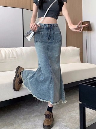 Retro Chiều Dài Trung Bình Váy Đuôi Cá Váy Denim Nữ Nguyên Edge Cao Cấp Ôm Váy Chữ A Che Hông Vá